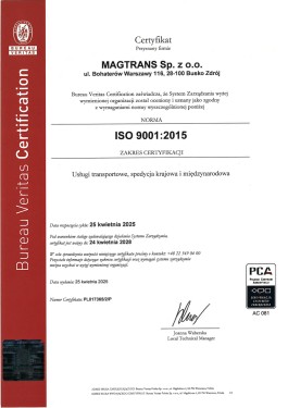Certyfikat ISO 9001:2015 - MAGTRANS