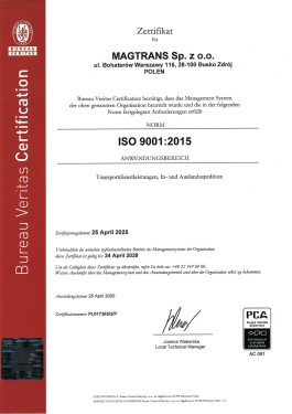 MAGTRANS - Zertifikat ISO 9001:2015